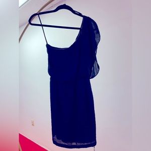 Asymmetrical one shoulder navy blue dress with silver/black chain